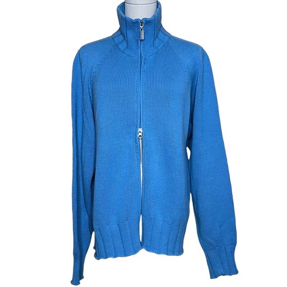 Vintage ALPS Knit Full Zip Sweater Cardigan Women's L Blue 100% Cotton High Neck - Picture 4 of 10